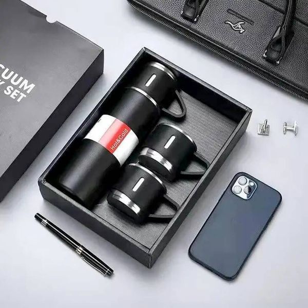 Подарунковий набір Vacuum Flask Set 3в1: Термос 500 мл із вакуумною ізоляцією та 3 чашками, чорний D092866 фото